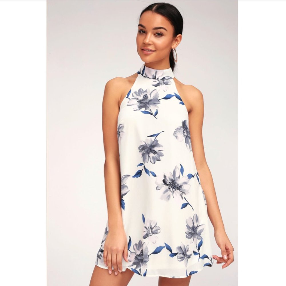 Lulu's Darling Dearest White Floral Print Swing Dress (M)